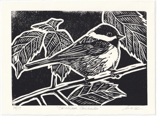 Carolina Chickadee Linocut Print – Limited Edition Hand Pulled Bird Art