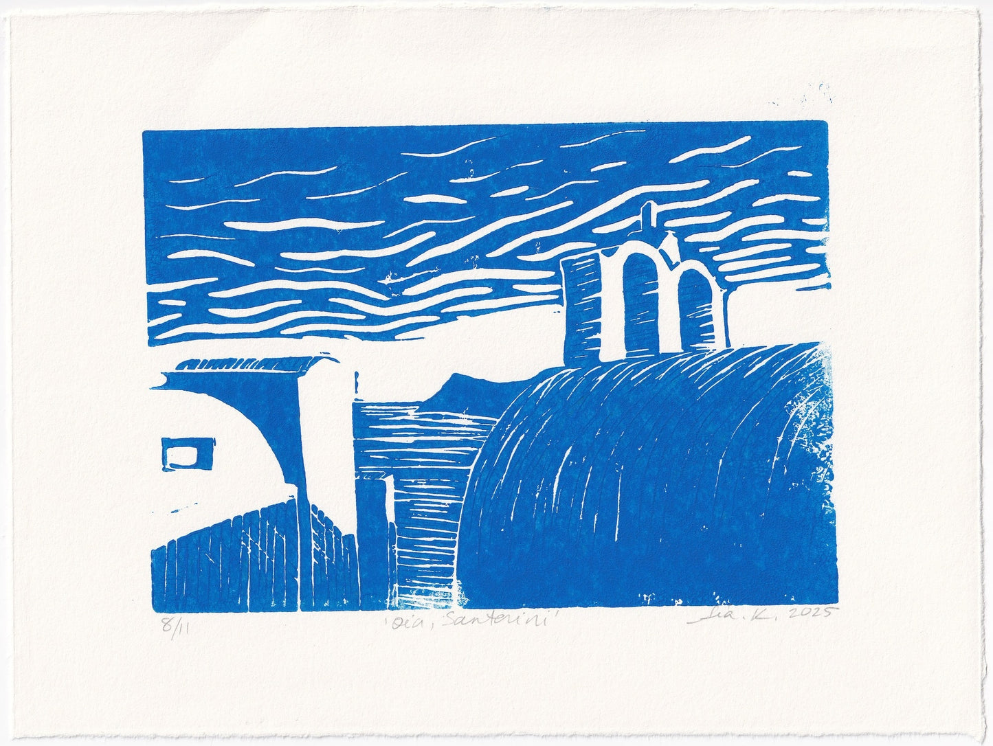 Oia, Santorini Linocut Print – Limited Edition Hand Pulled Greek Seascape Relief Print in Blue