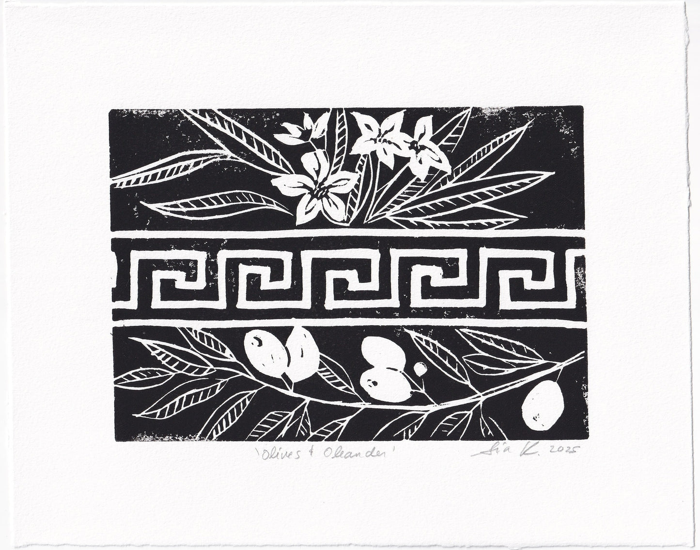Olives and Oleander Linocut Print – Hand Pulled Greek Botanical Relief Print