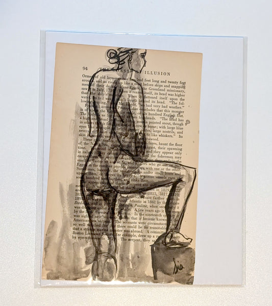 Original Ink Figure Drawing on Vintage Book Page - "Coasts of Illusion II" (Hand-Painted)