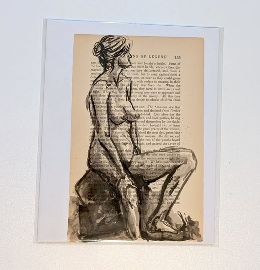 Original Ink Figure Drawing on Vintage Book Page - "Amazons of Legend IV" (Hand-Painted)