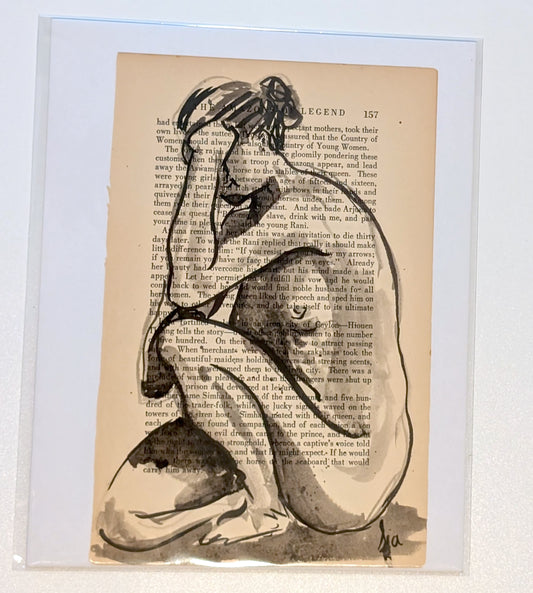 Original Ink Figure Drawing on Vintage Book Page - "Amazons of Legend III" (Hand-Painted)