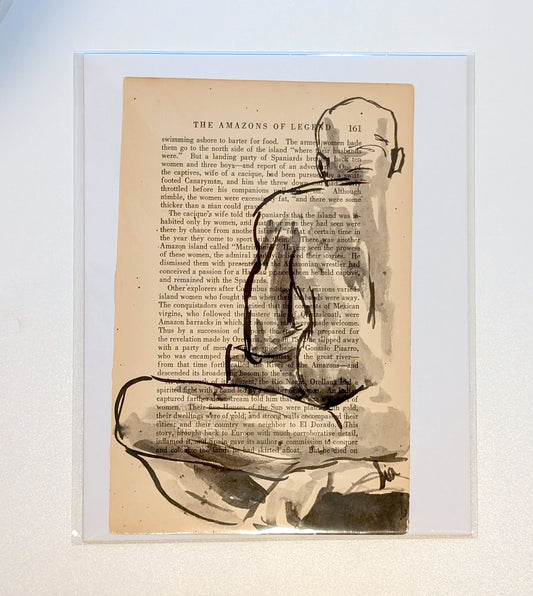 Original Ink Figure Drawing on Vintage Book Page - "Amazons of Legend II" (Hand-Painted)