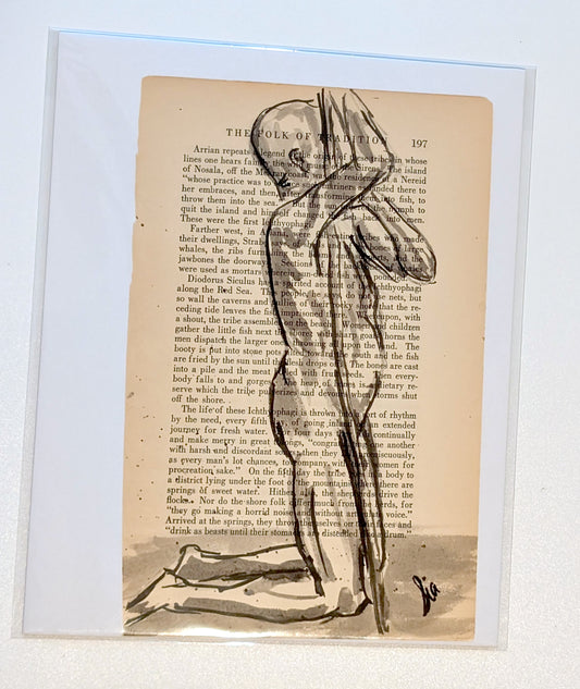 Original Ink Figure Drawing on Vintage Book Page - "Folk of Tradition" (Hand-Painted)