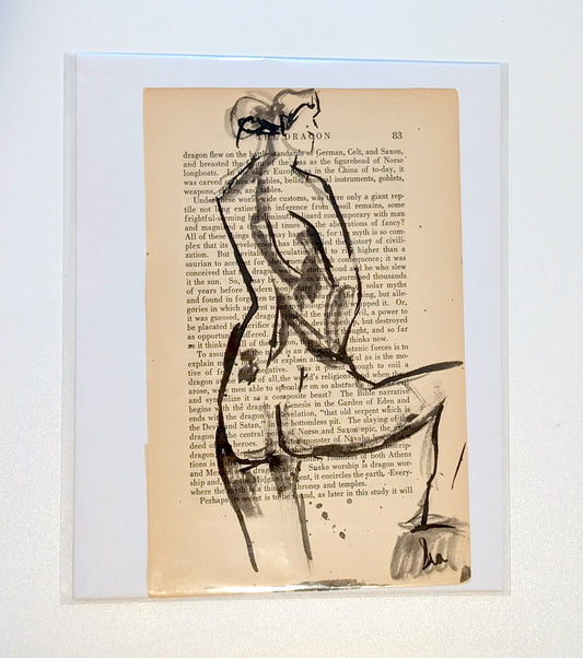 Original Ink Figure Drawing on Vintage Book Page - "The Dragon II" (Hand-Painted)