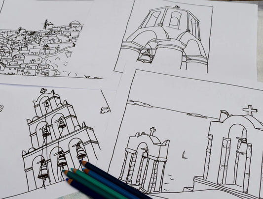 Santorini Churches Coloring Pages – Printable Greek Travel Art (PDF)