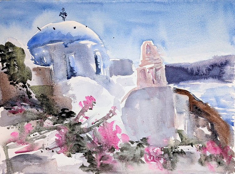Watercolor of a Santorini church