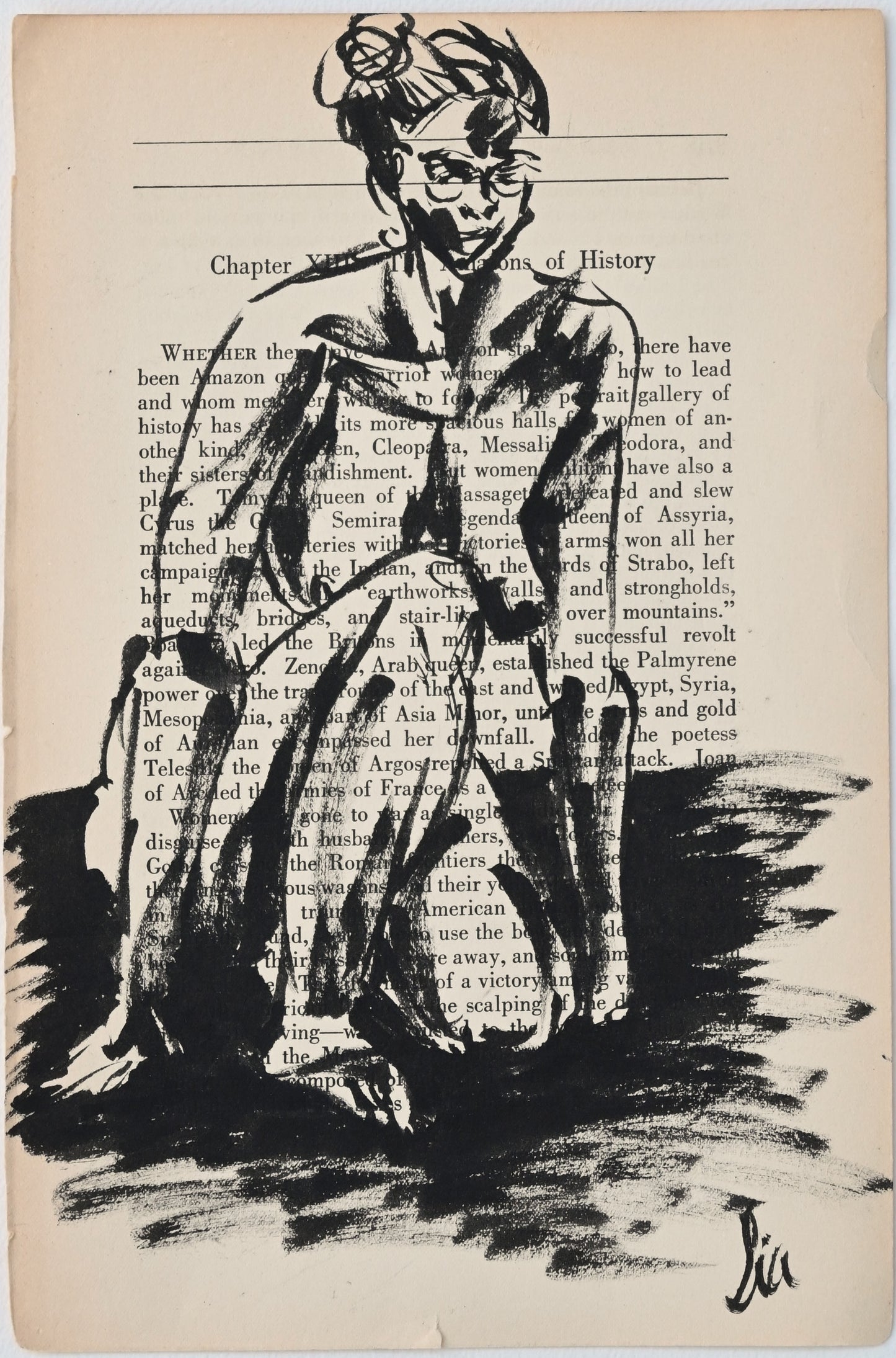 Original Ink Figure Drawing on Vintage Book Page - "Amazons of History II" (Hand-Painted)