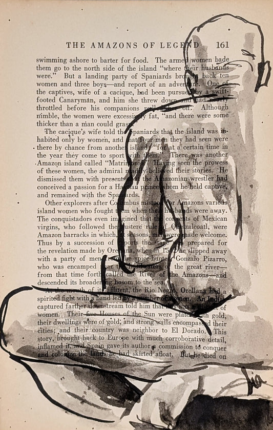 Original Ink Figure Drawing on Vintage Book Page - "Amazons of Legend II" (Hand-Painted)