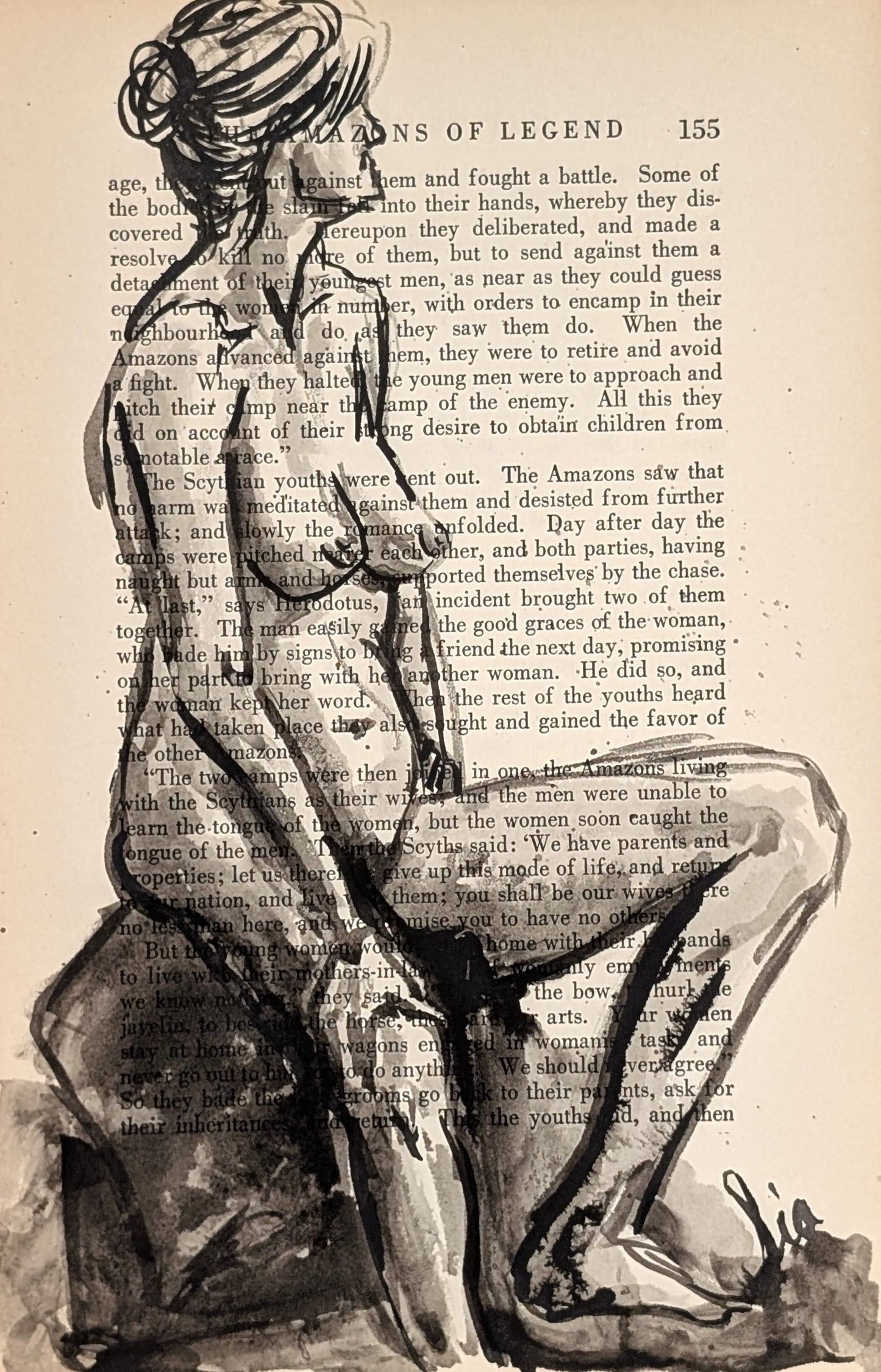 Original Ink Figure Drawing on Vintage Book Page - "Amazons of Legend IV" (Hand-Painted)