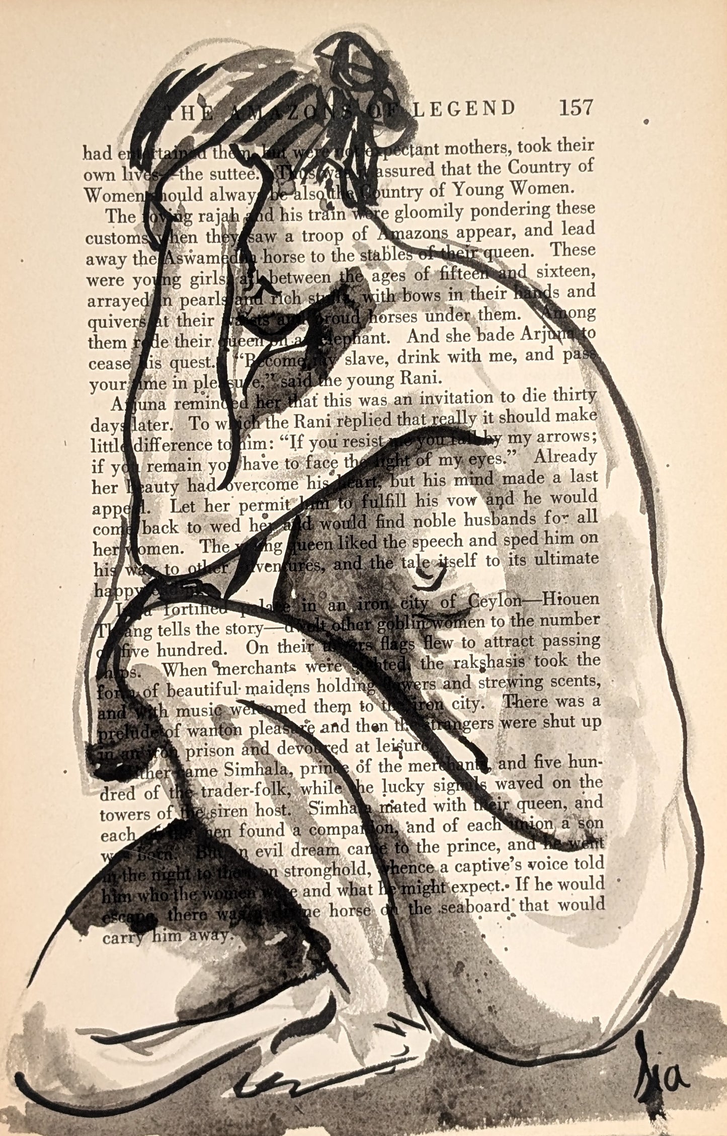 Original Ink Figure Drawing on Vintage Book Page - "Amazons of Legend III" (Hand-Painted)