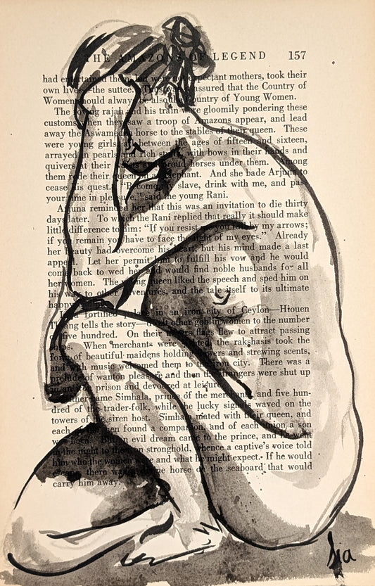 Original Ink Figure Drawing on Vintage Book Page - "Amazons of Legend III" (Hand-Painted)