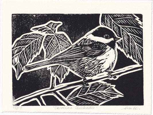 Carolina Chickadee Linocut Print – Limited Edition Hand Pulled Bird Art