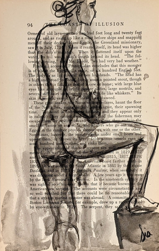 Original Ink Figure Drawing on Vintage Book Page - "Coasts of Illusion II" (Hand-Painted)