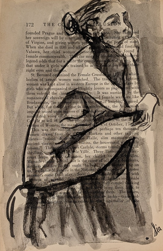Original Ink Figure Drawing on Vintage Book Page - "Coasts of Illusion" (Hand-Painted)