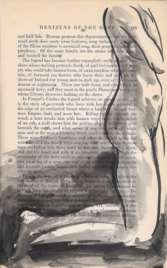 Original Ink Figure Drawing on Vintage Book Page - "Denizens of the Deep" (Hand-Painted)