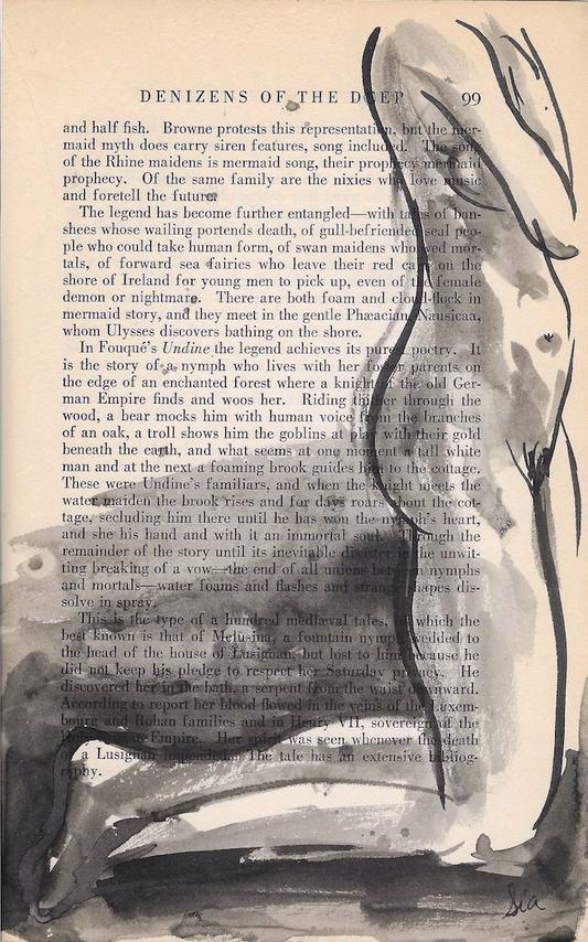 Original Ink Figure Drawing on Vintage Book Page - "Denizens of the Deep" (Hand-Painted)