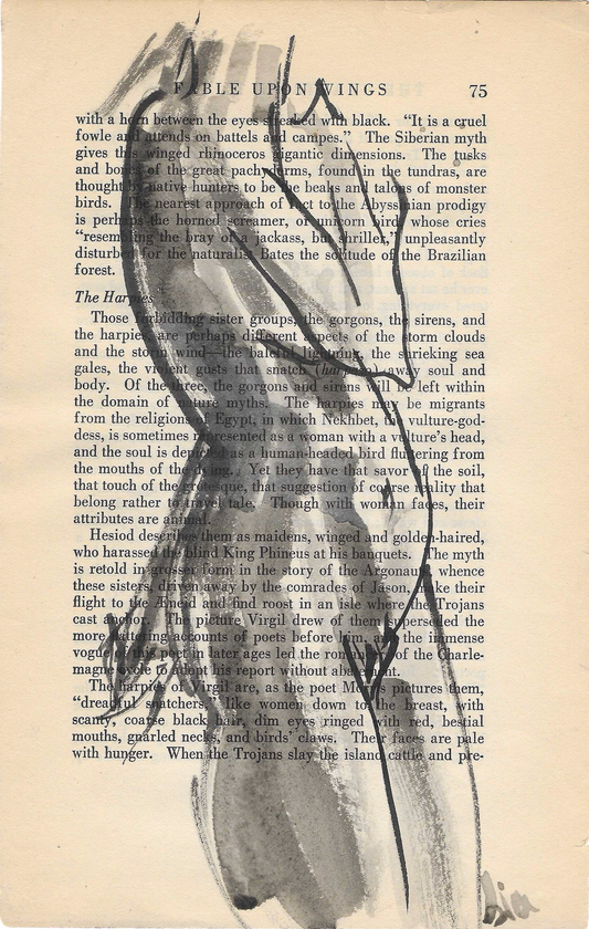 Original Ink Figure Drawing on Vintage Book Page - "Fable Upon Wings" (Hand-Painted)