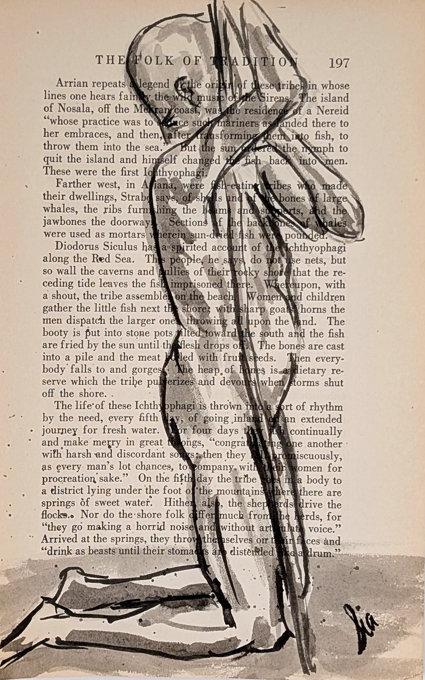Original Ink Figure Drawing on Vintage Book Page - "Folk of Tradition" (Hand-Painted)