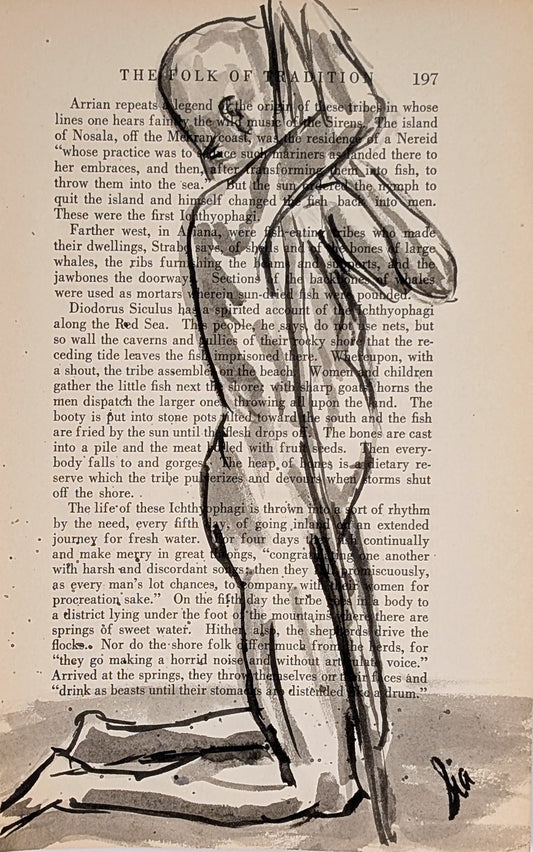 Original Ink Figure Drawing on Vintage Book Page - "Folk of Tradition" (Hand-Painted)