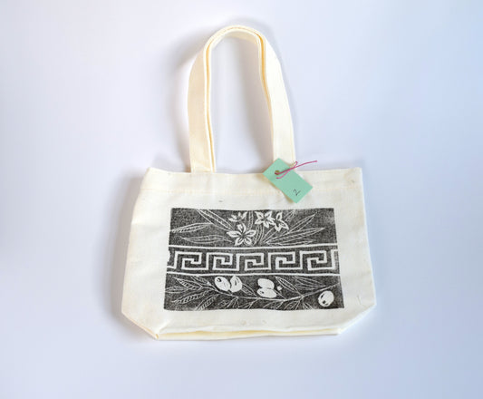 Greek Key Linocut Mini Tote – Hand-Printed Fabric Bag (Limited Run)