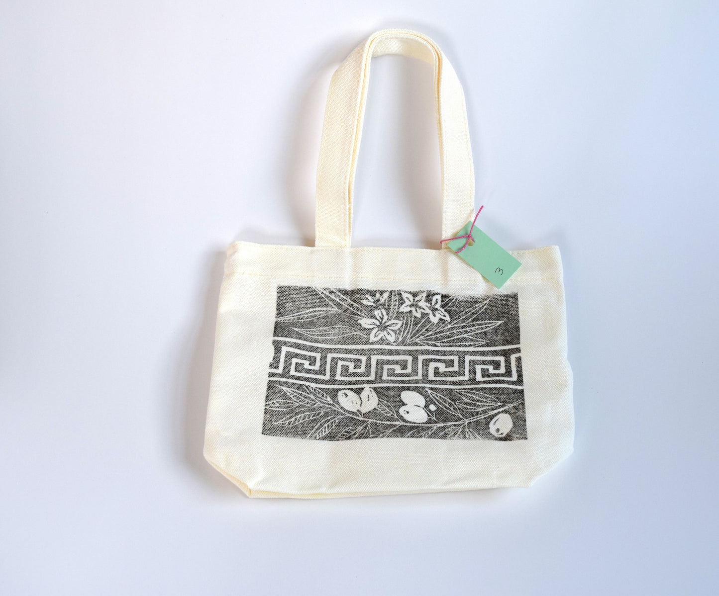 Greek Key Linocut Mini Tote – Hand-Printed Fabric Bag (Limited Run)