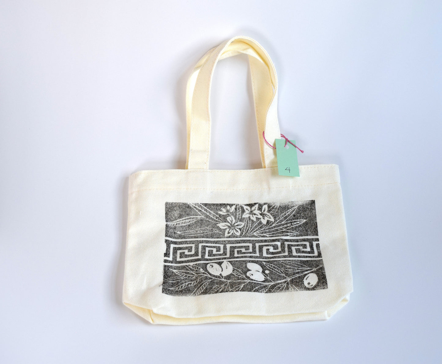 Greek Key Linocut Mini Tote – Hand-Printed Fabric Bag (Limited Run)