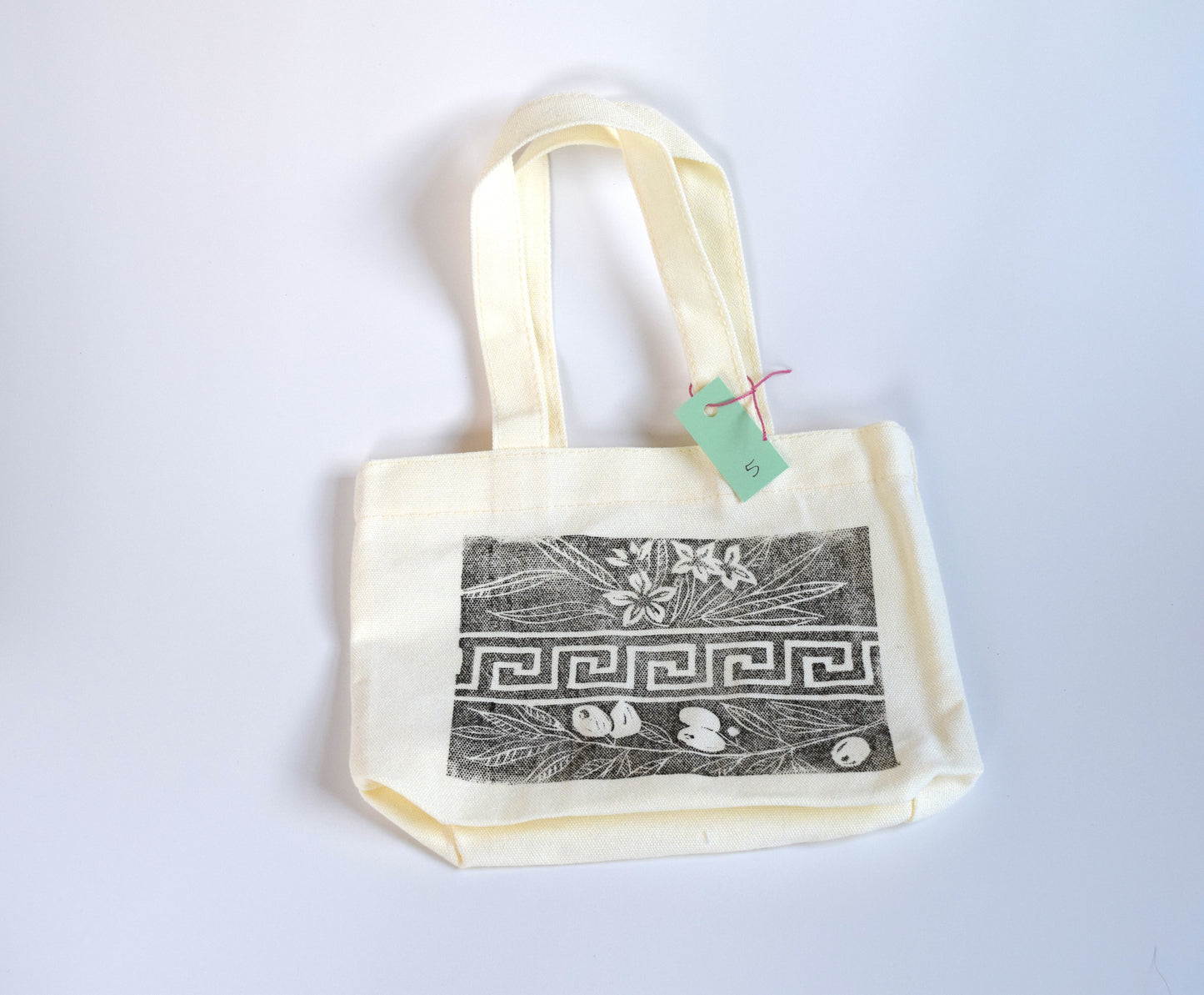 Greek Key Linocut Mini Tote – Hand-Printed Fabric Bag (Limited Run)