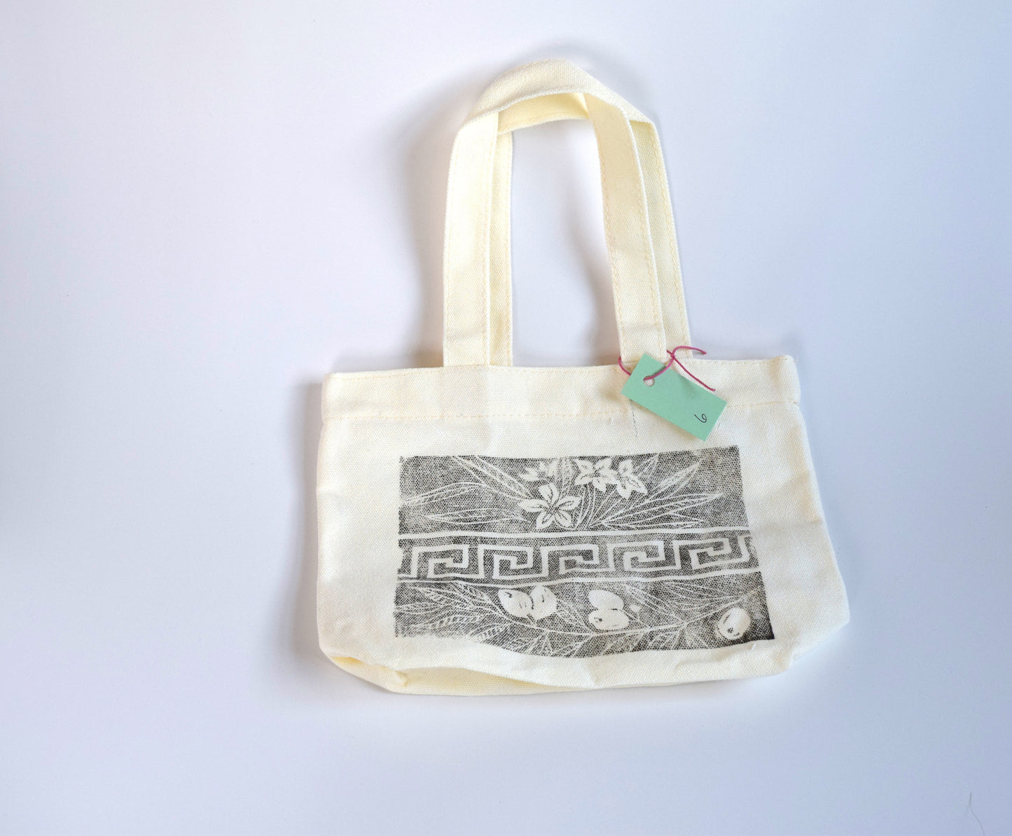 Greek Key Linocut Mini Tote – Hand-Printed Fabric Bag (Limited Run)