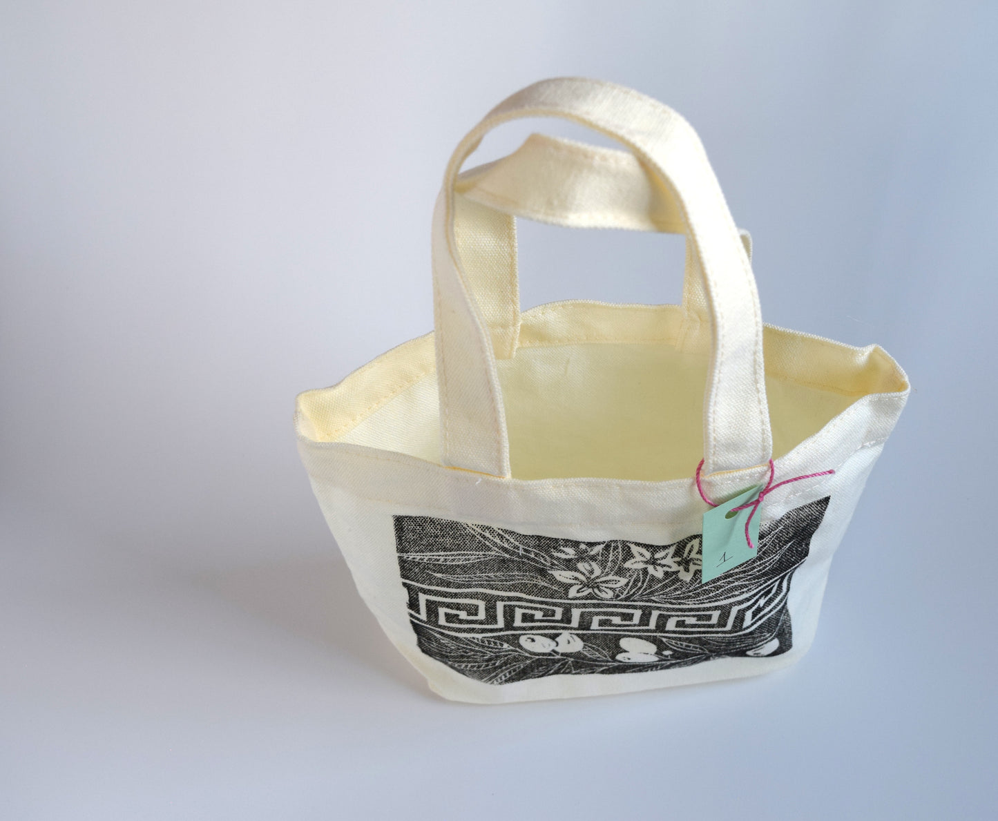 Greek Key Linocut Mini Tote – Hand-Printed Fabric Bag (Limited Run)
