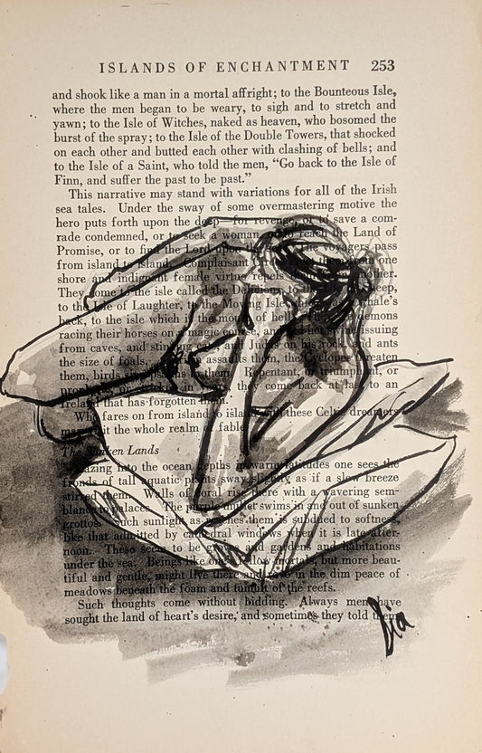 Original Ink Figure Drawing on Vintage Book Page - "Islands of Enchantment II" (Hand-Painted)