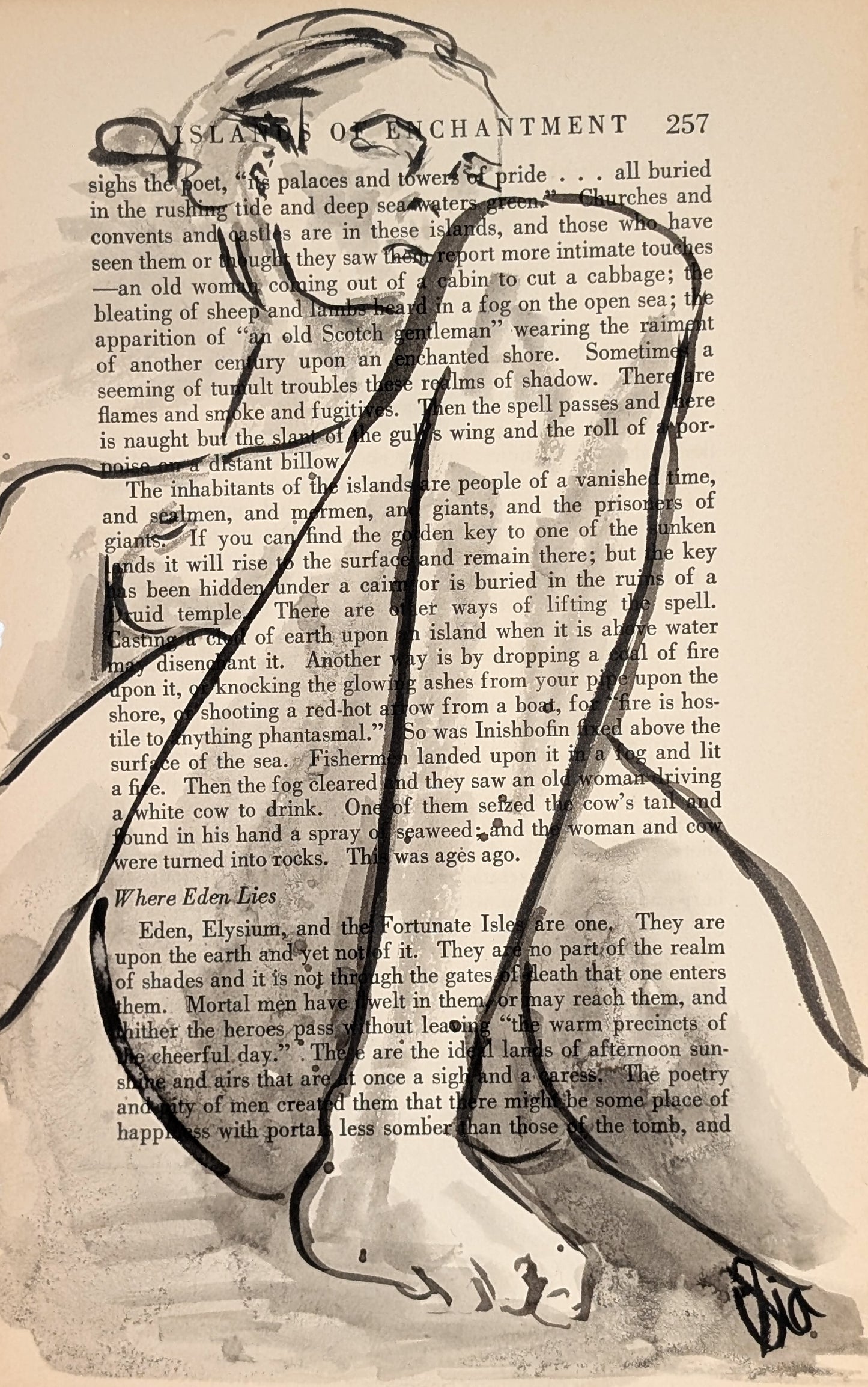 Original Ink Figure Drawing on Vintage Book Page - "Islands of Enchantment" (Hand-Painted)