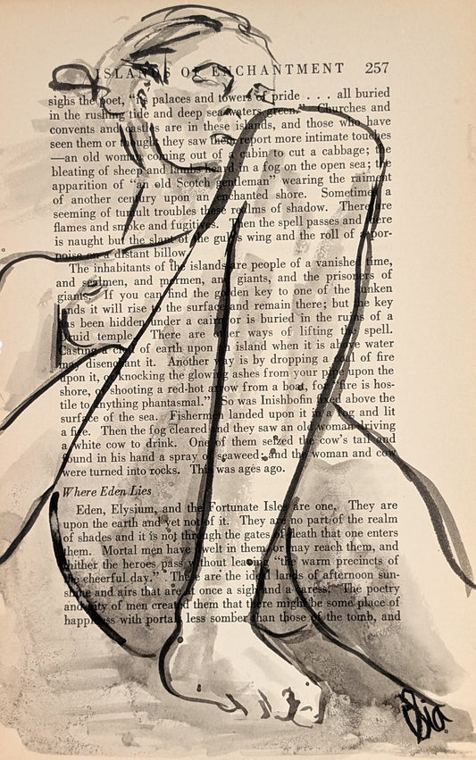 Original Ink Figure Drawing on Vintage Book Page - "Islands of Enchantment" (Hand-Painted)