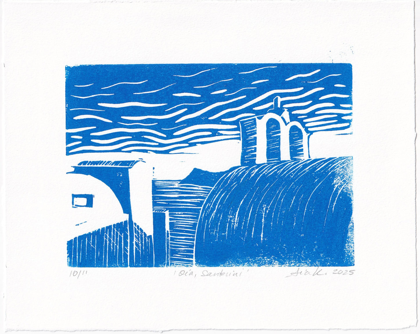 Oia, Santorini Linocut Print – Limited Edition Hand Pulled Greek Seascape Relief Print in Blue