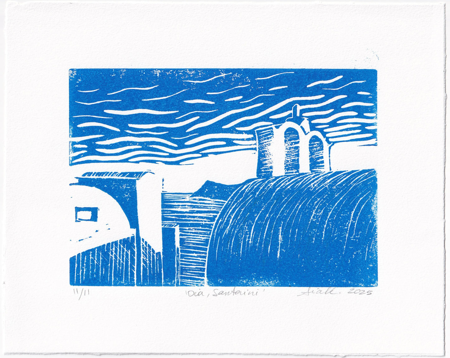 Oia, Santorini Linocut Print – Limited Edition Hand Pulled Greek Seascape Relief Print in Blue