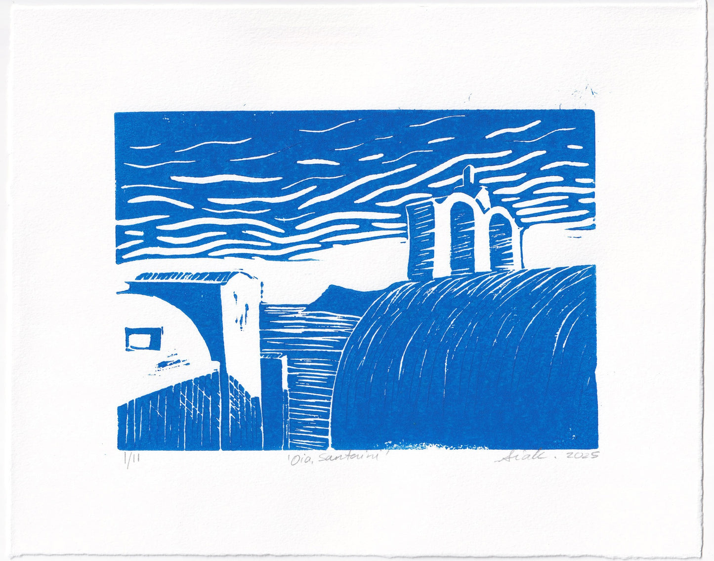 Oia, Santorini Linocut Print – Limited Edition Hand Pulled Greek Seascape Relief Print in Blue