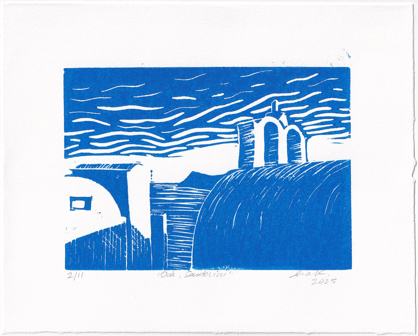 Oia, Santorini Linocut Print – Limited Edition Hand Pulled Greek Seascape Relief Print in Blue