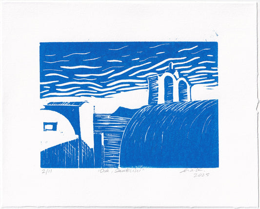Oia, Santorini Linocut Print – Limited Edition Hand Pulled Greek Seascape Relief Print in Blue