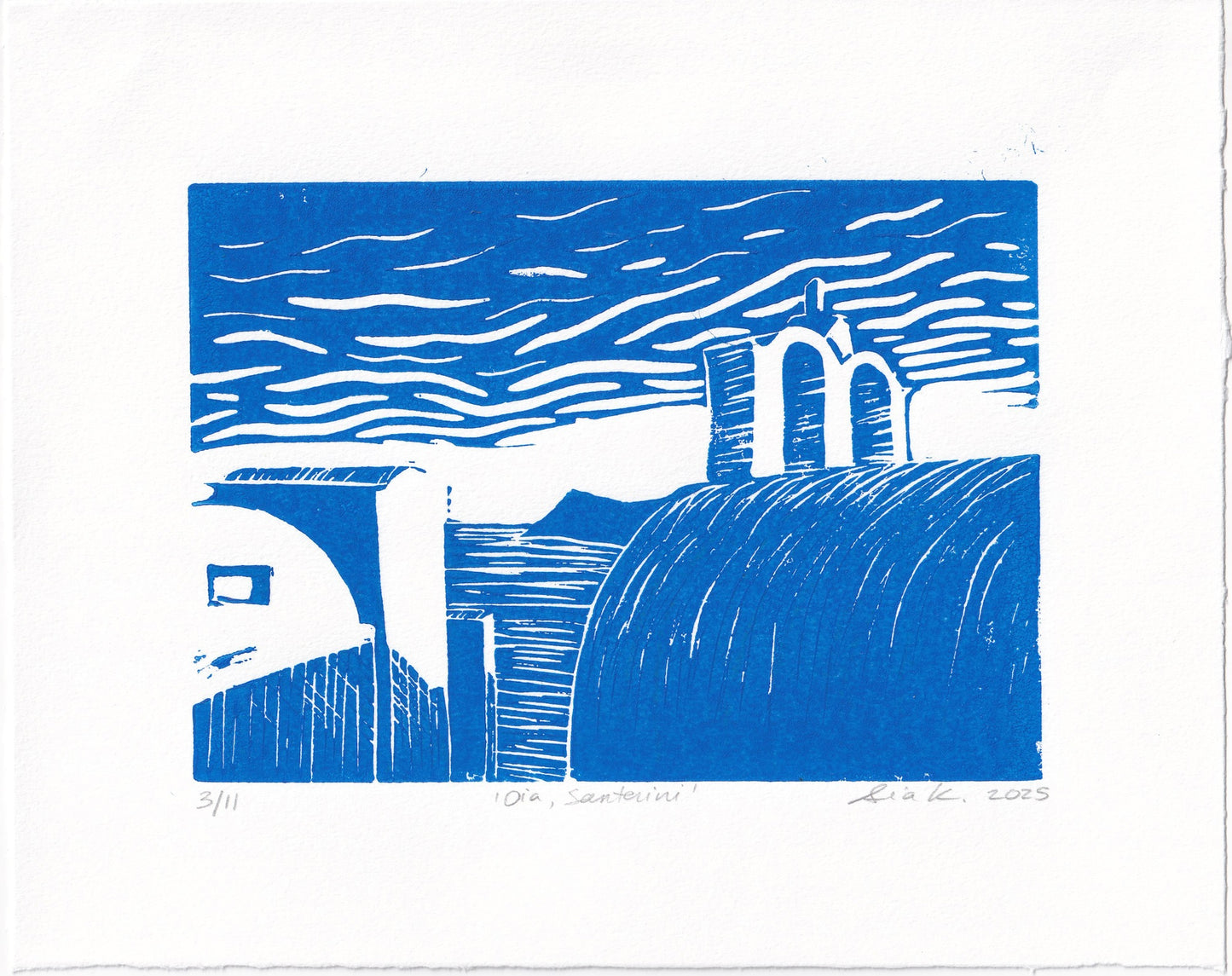 Oia, Santorini Linocut Print – Limited Edition Hand Pulled Greek Seascape Relief Print in Blue