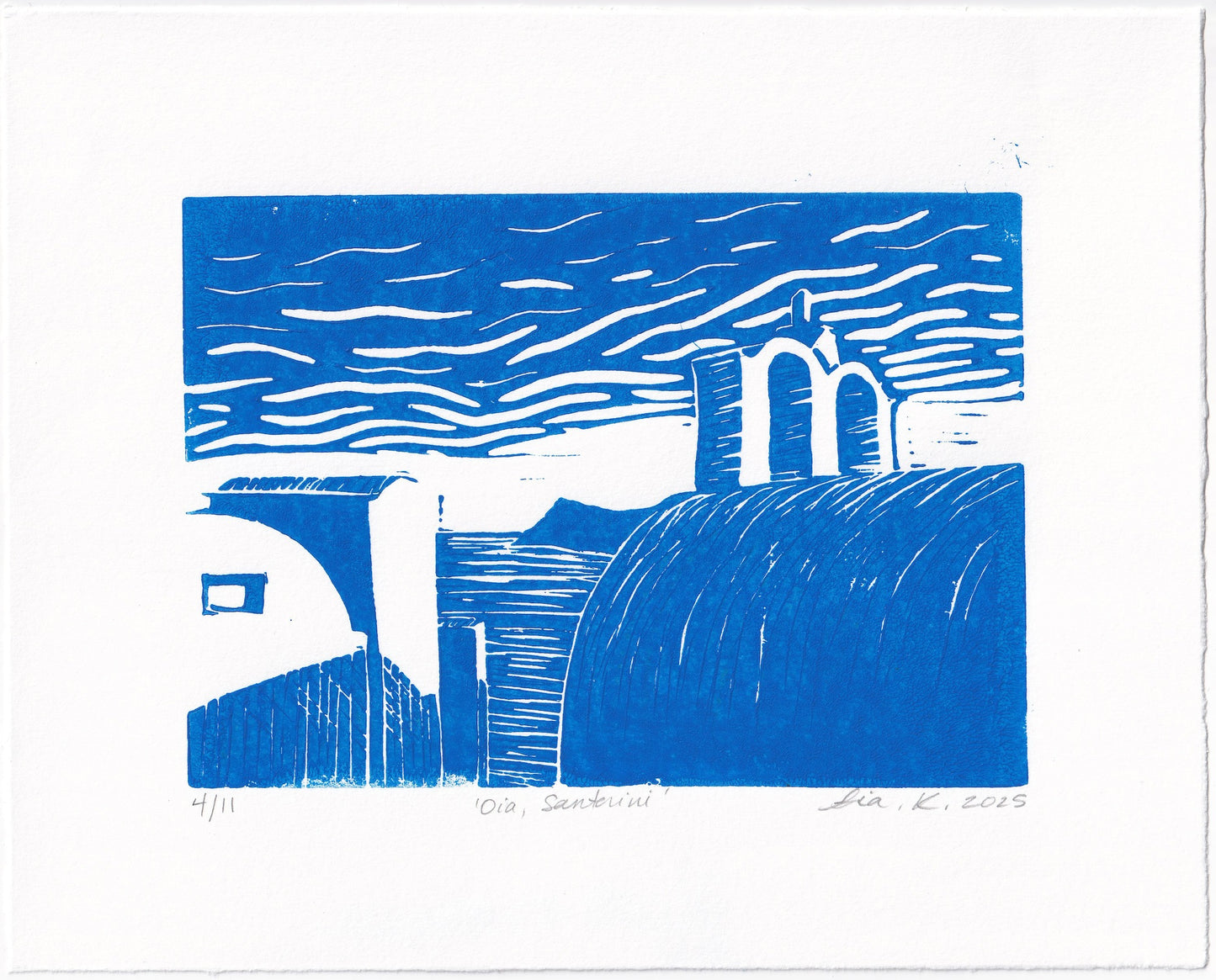 Oia, Santorini Linocut Print – Limited Edition Hand Pulled Greek Seascape Relief Print in Blue