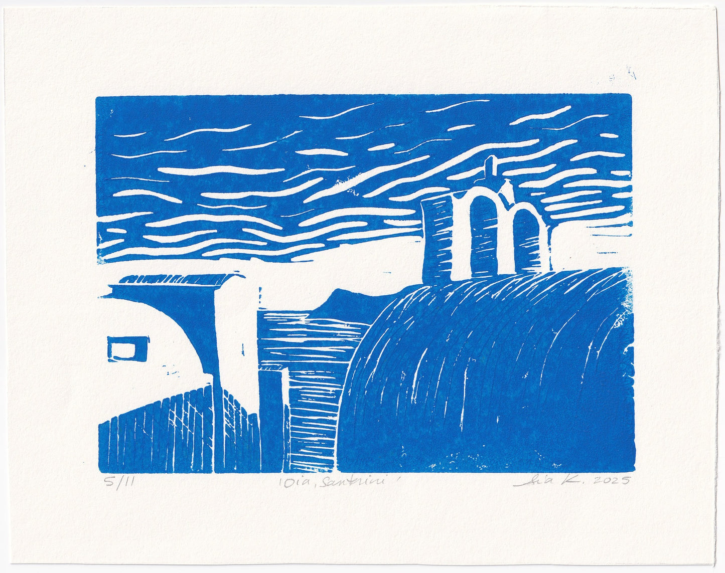 Oia, Santorini Linocut Print – Limited Edition Hand Pulled Greek Seascape Relief Print in Blue