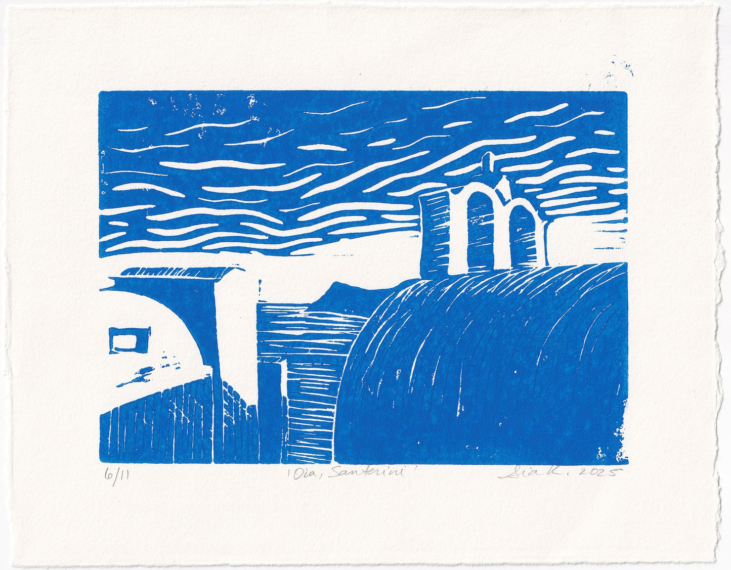 Oia, Santorini Linocut Print – Limited Edition Hand Pulled Greek Seascape Relief Print in Blue