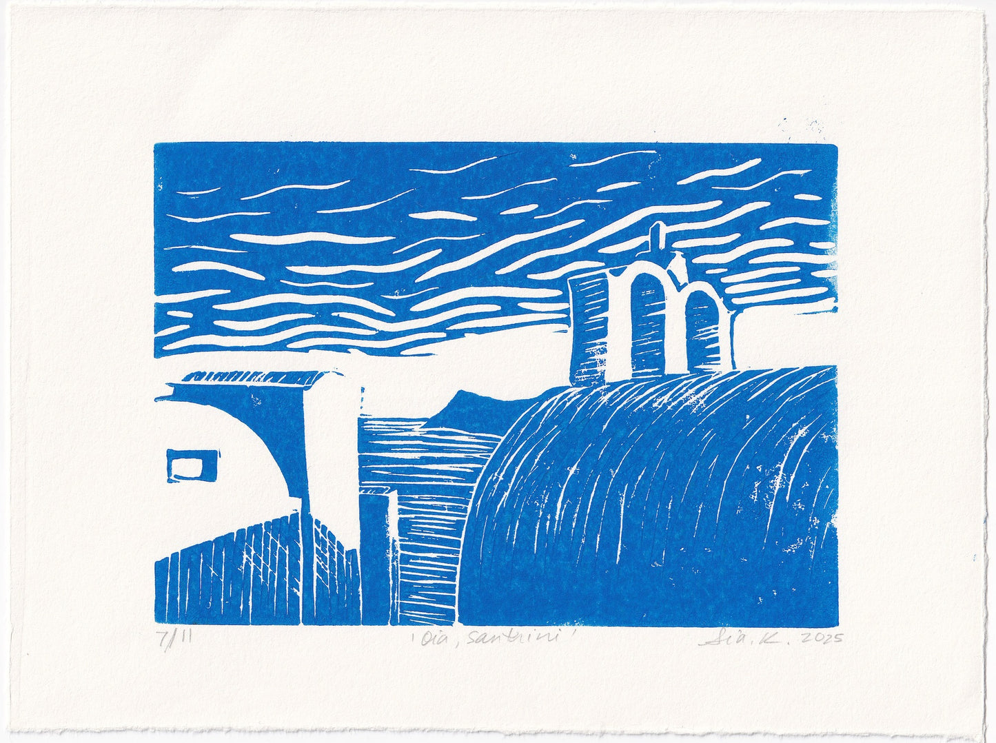 Oia, Santorini Linocut Print – Limited Edition Hand Pulled Greek Seascape Relief Print in Blue