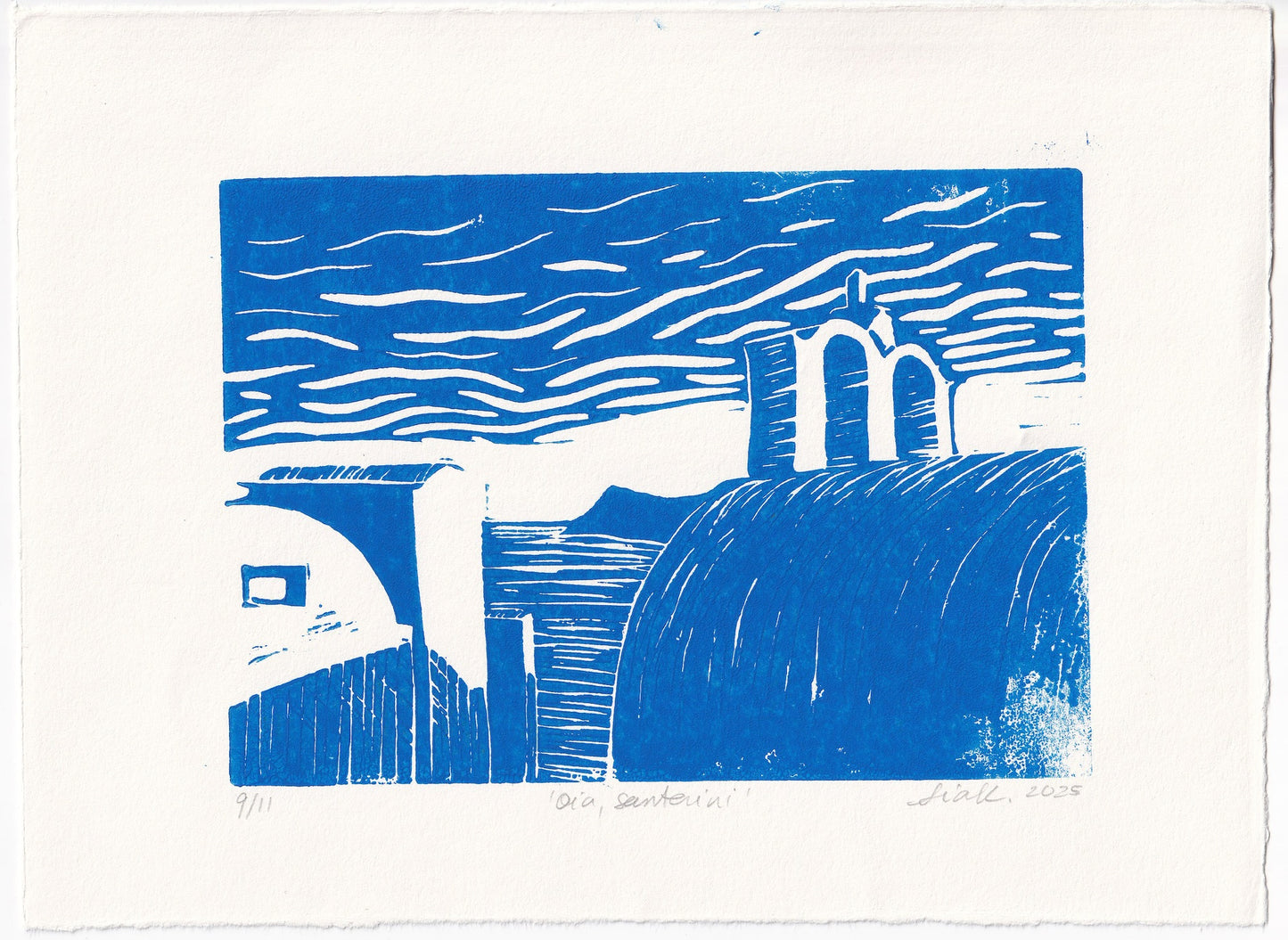 Oia, Santorini Linocut Print – Limited Edition Hand Pulled Greek Seascape Relief Print in Blue