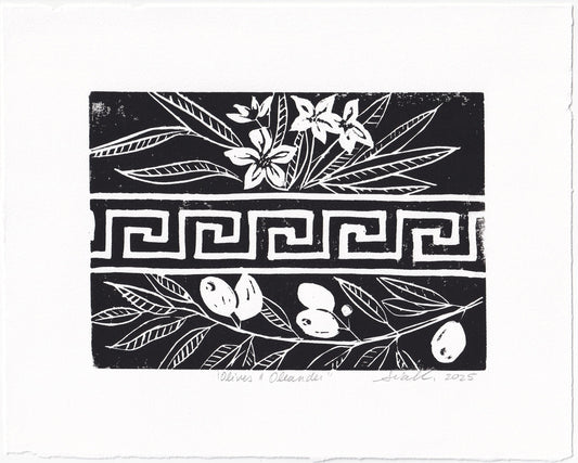 Olives and Oleander Linocut Print – Hand Pulled Greek Botanical Relief Print