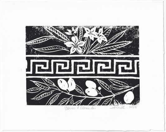 Olives and Oleander Linocut Print – Hand Pulled Greek Botanical Relief Print