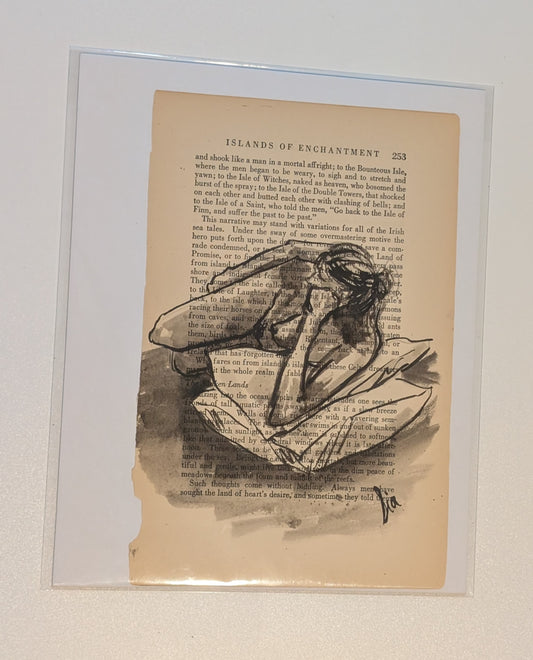 Original Ink Figure Drawing on Vintage Book Page - "Islands of Enchantment II" (Hand-Painted)