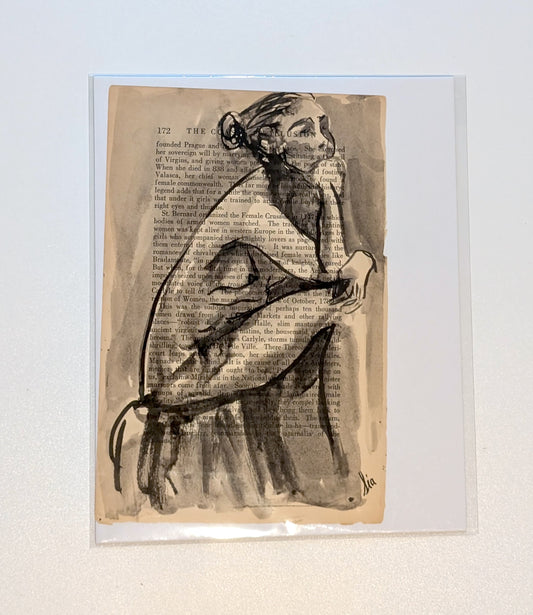 Original Ink Figure Drawing on Vintage Book Page - "Coasts of Illusion" (Hand-Painted)