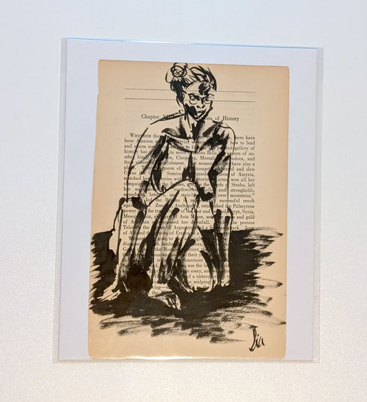 Original Ink Figure Drawing on Vintage Book Page - "Amazons of History II" (Hand-Painted)