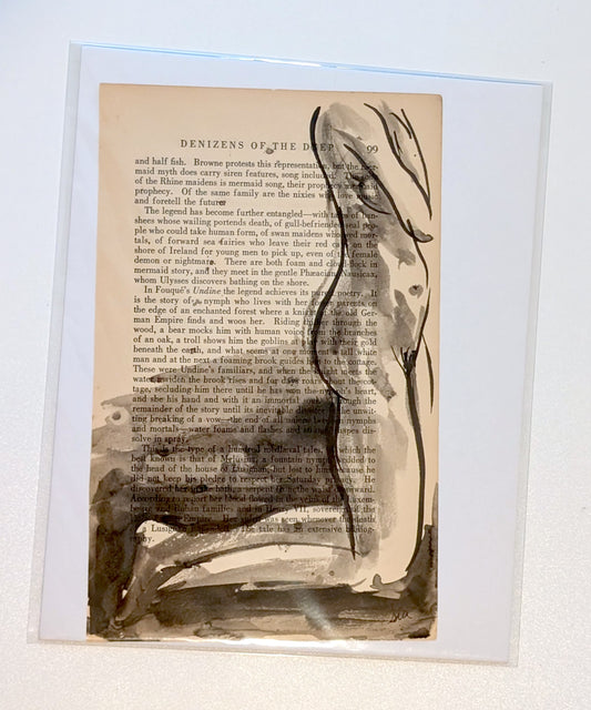 Original Ink Figure Drawing on Vintage Book Page - "Denizens of the Deep" (Hand-Painted)